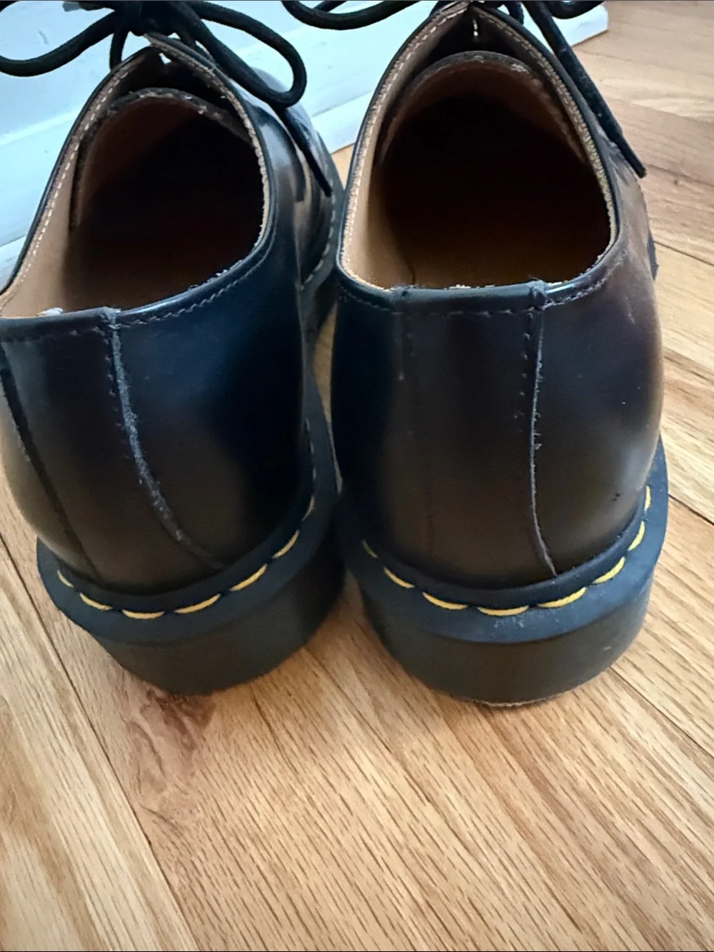 Dr. Martens Black Leather Derby Shoes with Yellow Stitching